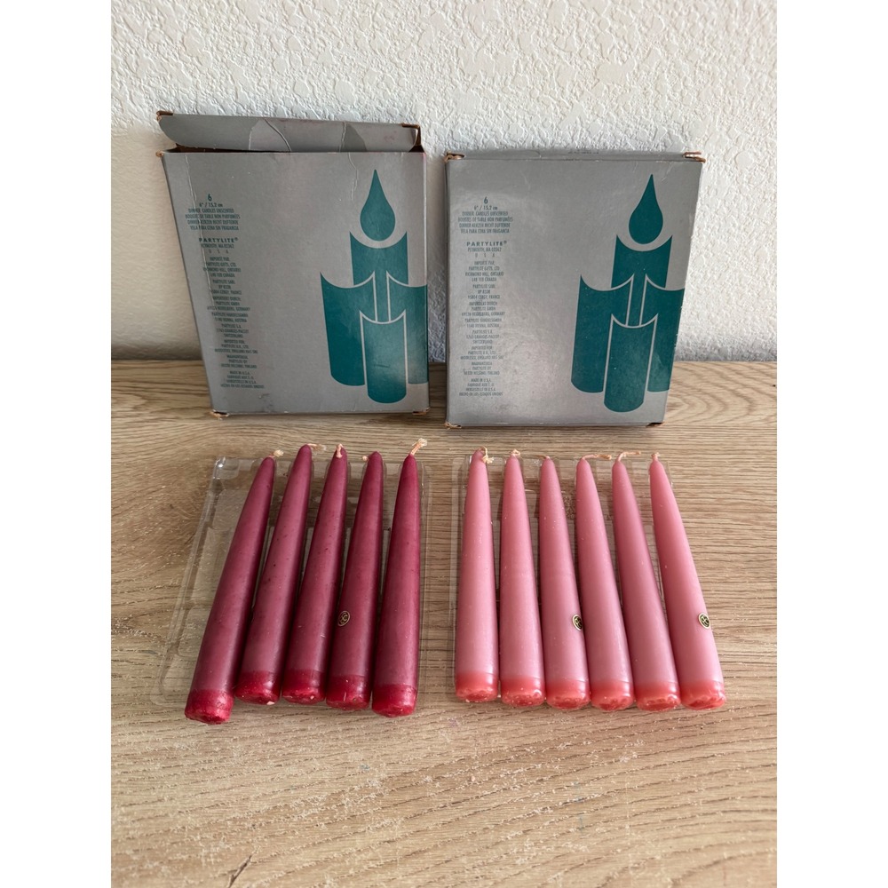 New In Box PartyLite 6 Inch Unscented Dinner Taper Candles Mauve Ivory Set of 12